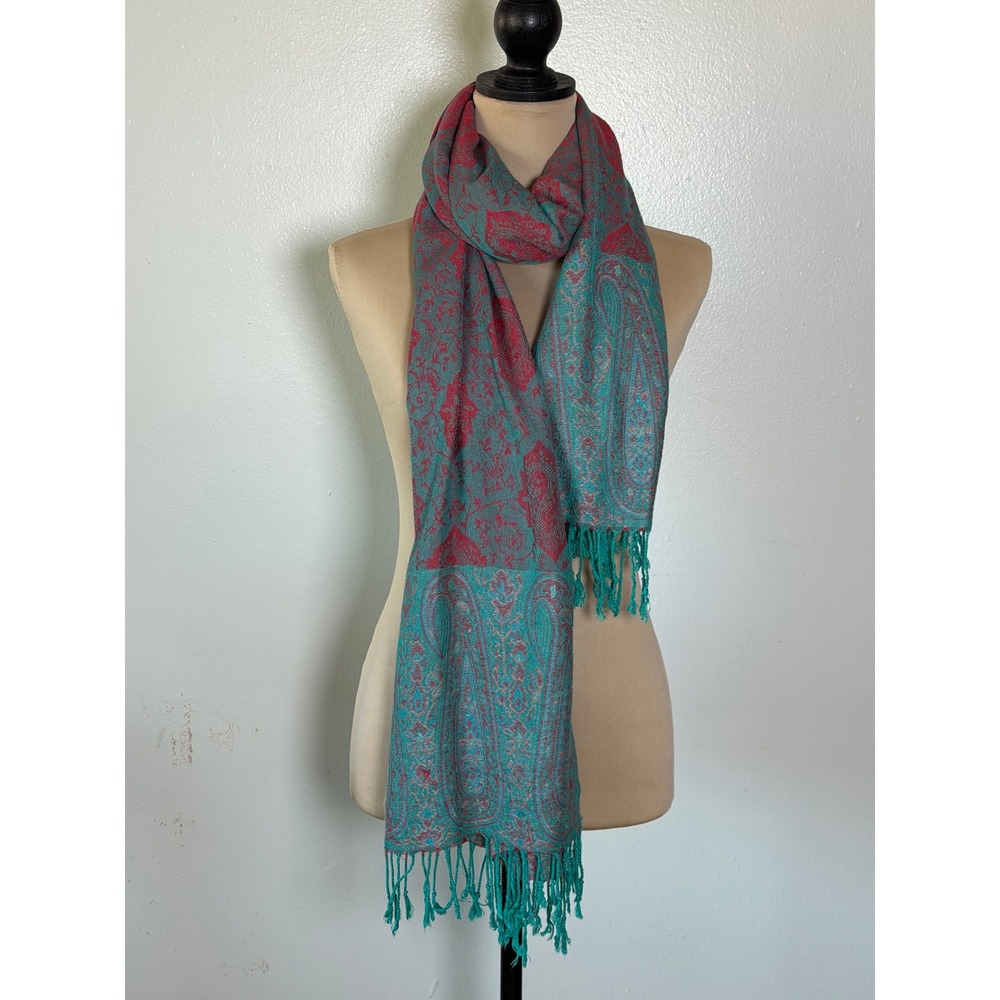 Pashmina Women 100% Cashmere Paisley Scarf Wrap Teal Burgundy Fringe Cottagecore